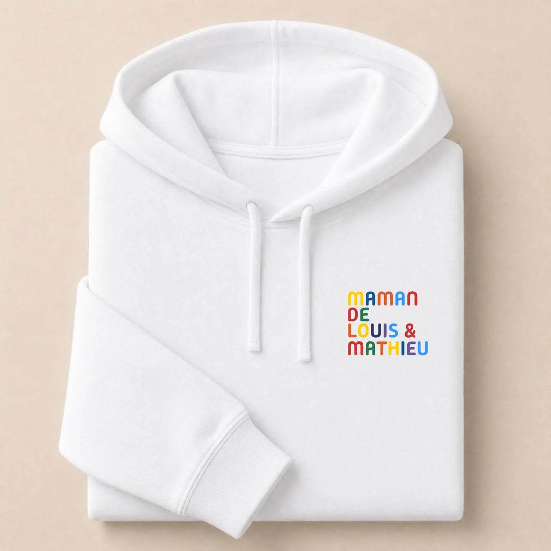 Sweat personnalisé Maman - Prénoms multicolore brodé Sweat à capuche / Blanc / S