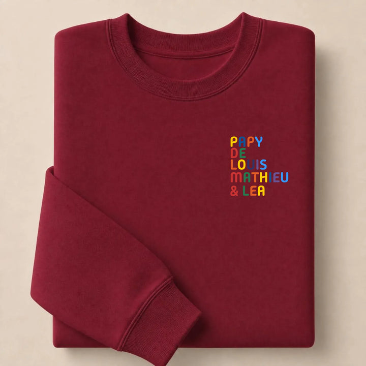 Sweat personnalisé Papy - Prénoms multicolore brodé Sweatshirt / Bordeaux / S