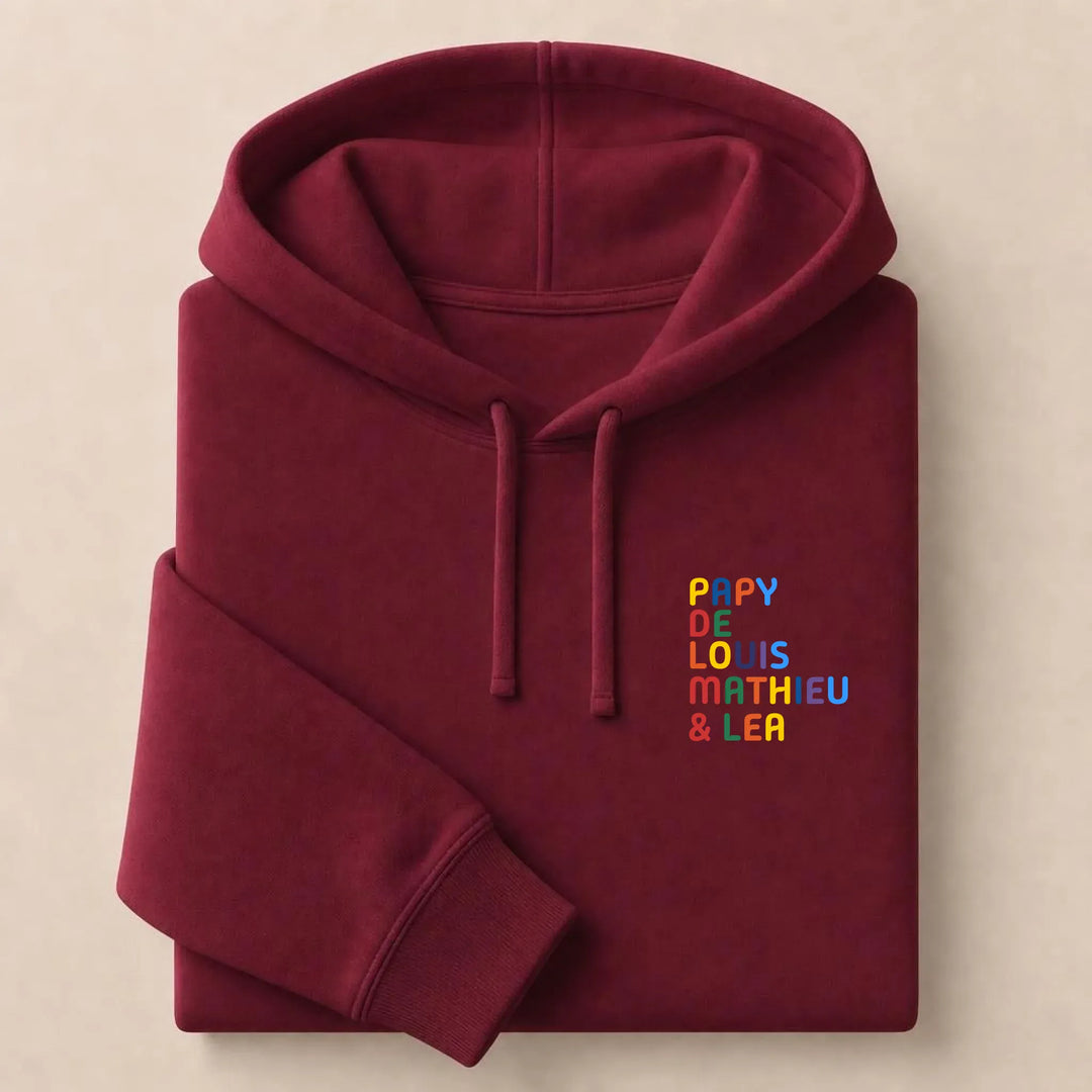 Sweat personnalisé Papy - Prénoms multicolore brodé Sweat à capuche / Bordeaux / S