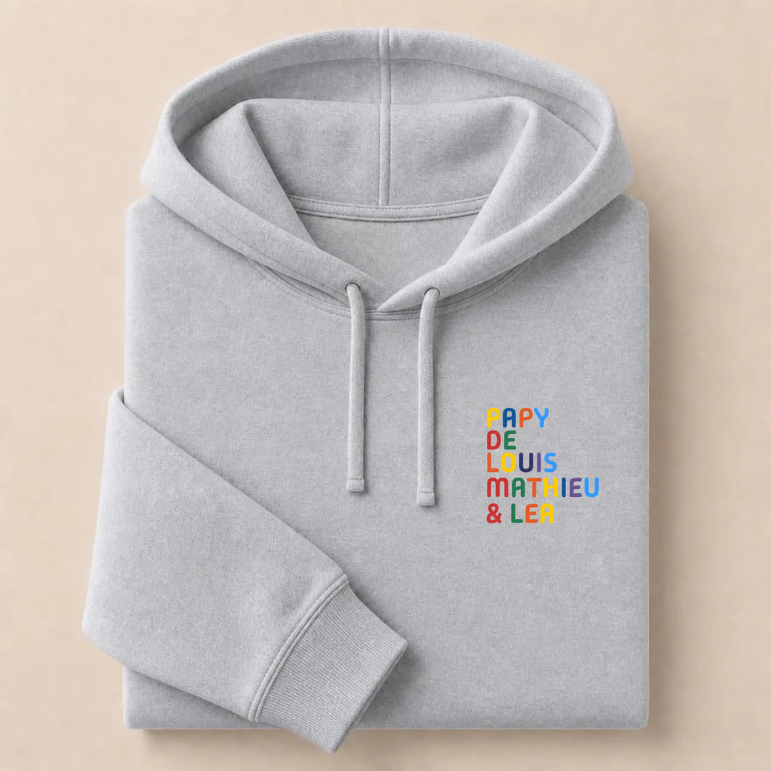 Sweat personnalisé Papy - Prénoms multicolore brodé Sweat à capuche / Gris / S