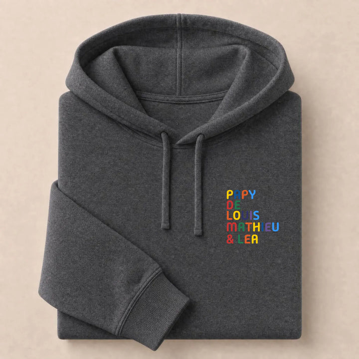 Sweat personnalisé Papy - Prénoms multicolore brodé Sweat à capuche / Gris Foncé / S