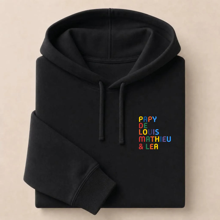 Sweat personnalisé Papy - Prénoms multicolore brodé Sweat à capuche / Noir / S