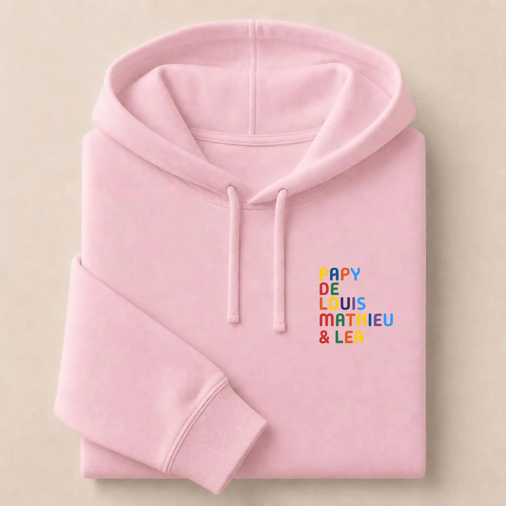 Sweat personnalisé Papy - Prénoms multicolore brodé Sweat à capuche / Rose Clair / S