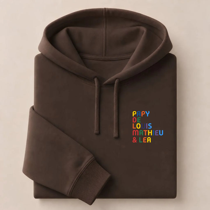 Sweat personnalisé Papy - Prénoms multicolore brodé Sweat à capuche / Marron / S