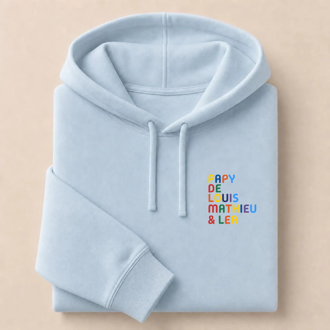 Sweat personnalisé Papy - Prénoms multicolore brodé Sweat à capuche / Bleu Clair / S