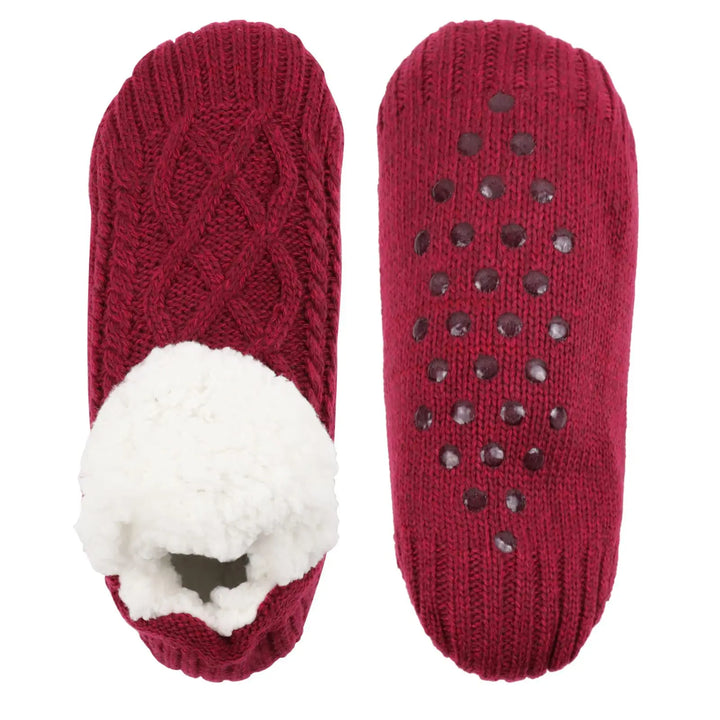 Bordeauxrote Thermosocken von oben und mit sichtbarer Noppenunterseite.