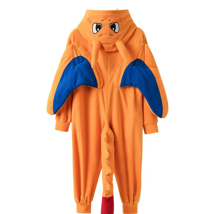 Combinaison pyjama dragon orange vue de dos, ailes bleues et queue rouge