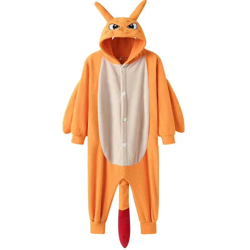 Combinaison pyjama dragon orange vue de face, ventre crème et boutons blancs