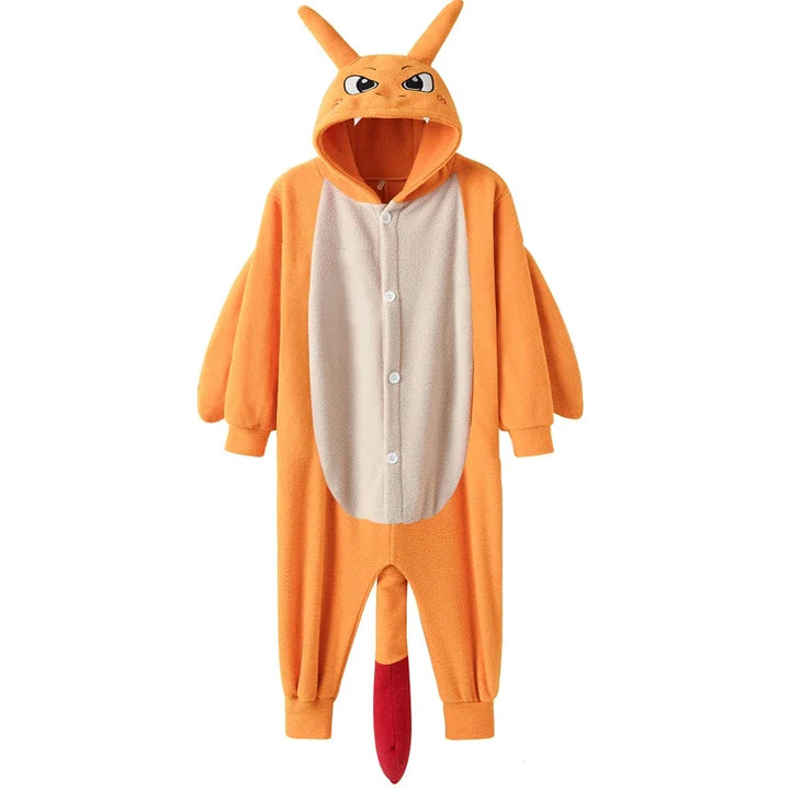 Combinaison pyjama dragon orange vue de face, ventre crème et boutons blancs