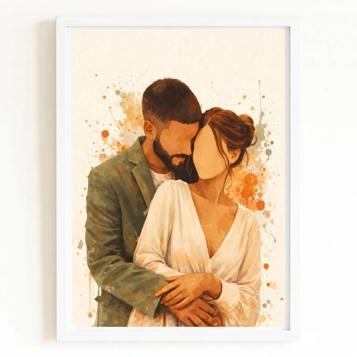 Affiche aquarelle couple personnalisée Bois Blanc / A4 21x29.7 cm
