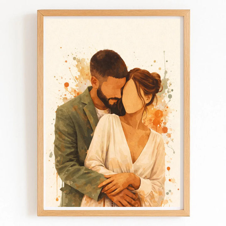 Affiche aquarelle couple personnalisée Bois Naturel / A4 21x29.7 cm