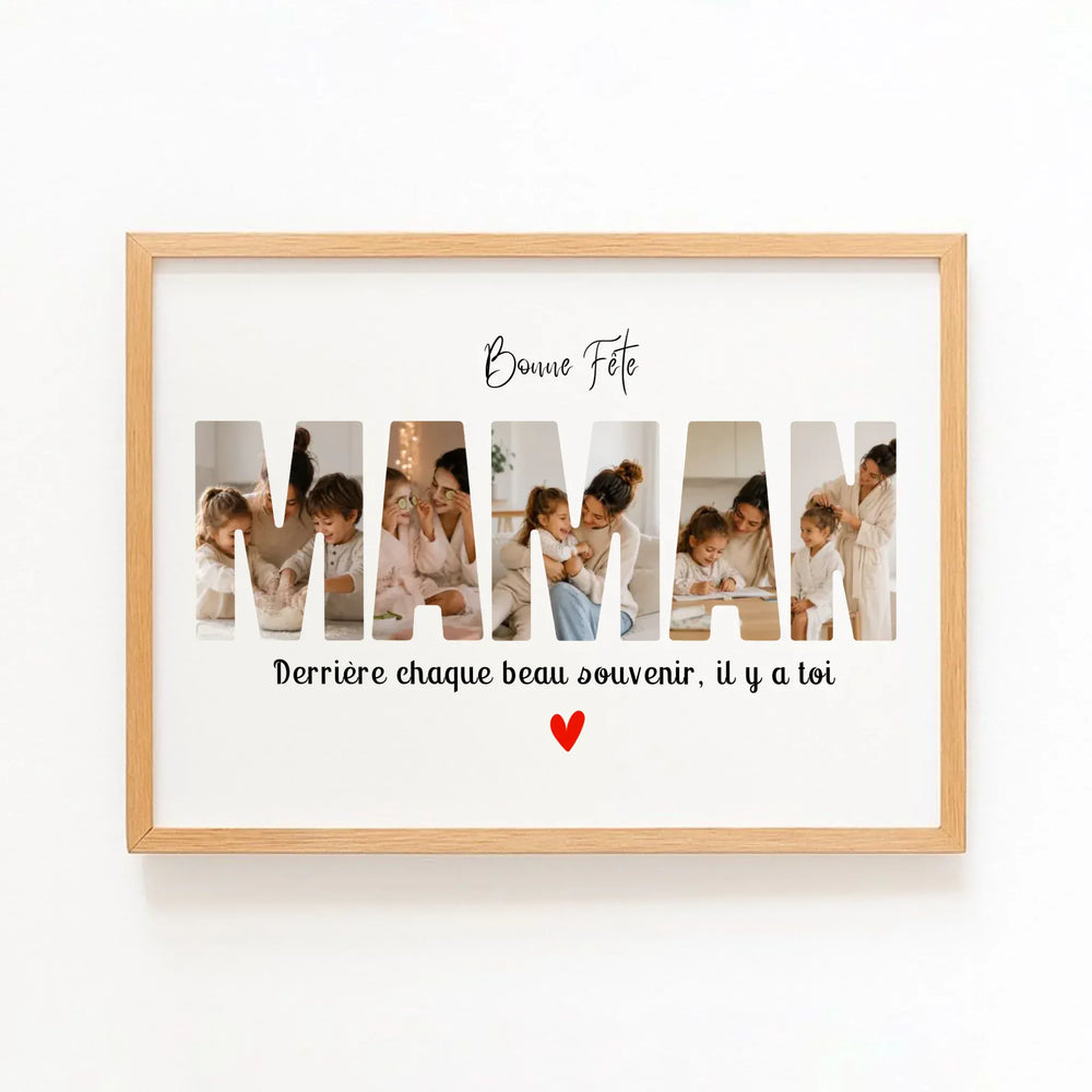 Affiche photo personnalisée pour maman avec cadre bois naturel