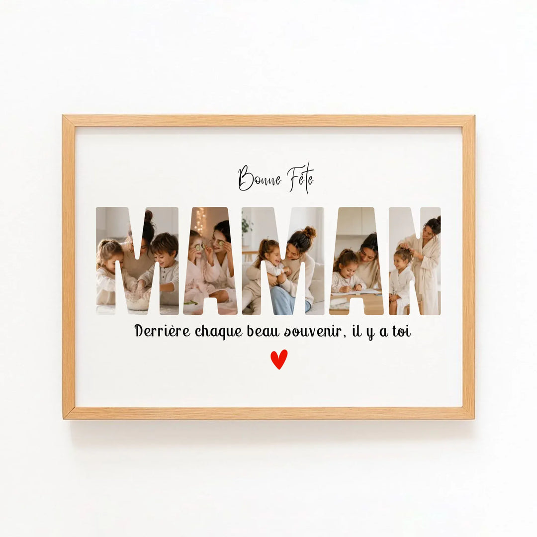 Affiche photo personnalisée pour maman avec cadre bois naturel