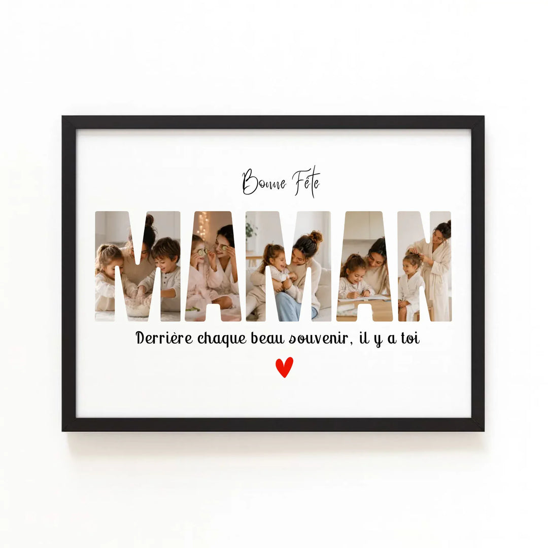 Affiche Bonne Fête Maman personnalisée avec photos et cadre bois noir