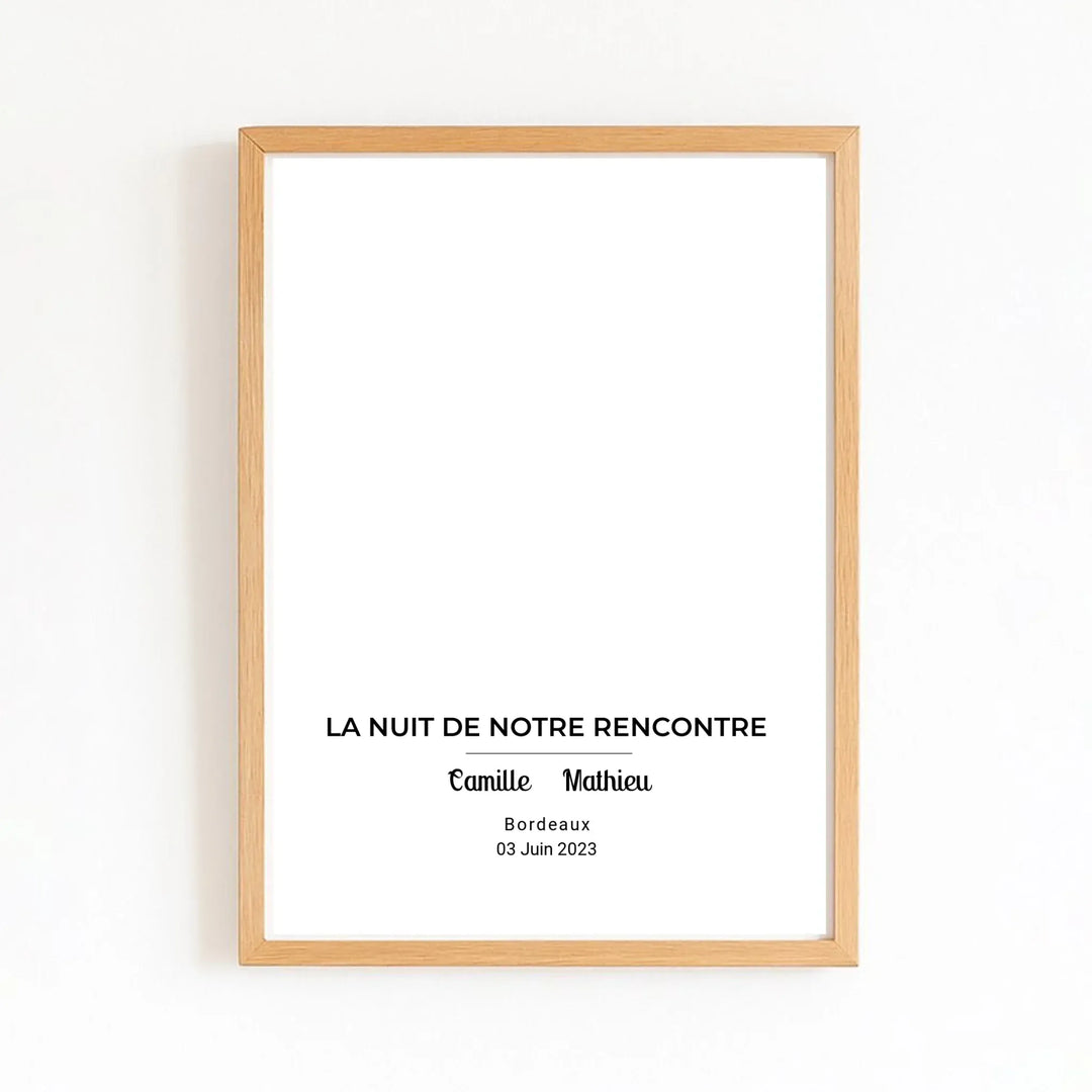 Affiche Carte du Ciel Personnalisée – La Nuit de Notre Rencontre Affiche Portrait / Bois Naturel / A4 21x29.7 cm