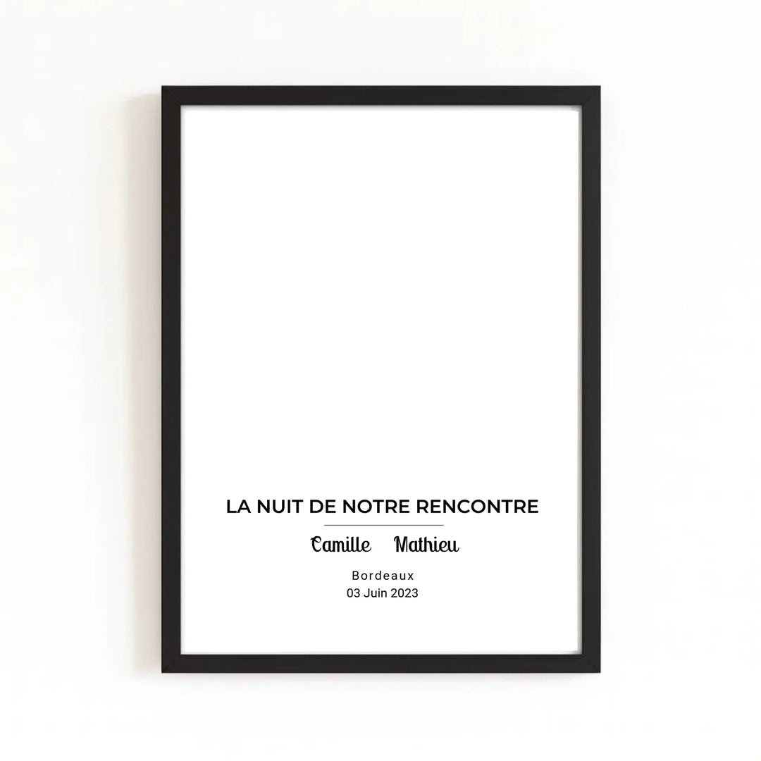 Affiche Carte du Ciel Personnalisée – La Nuit de Notre Rencontre Affiche Portrait / Bois Noir / A4 21x29.7 cm