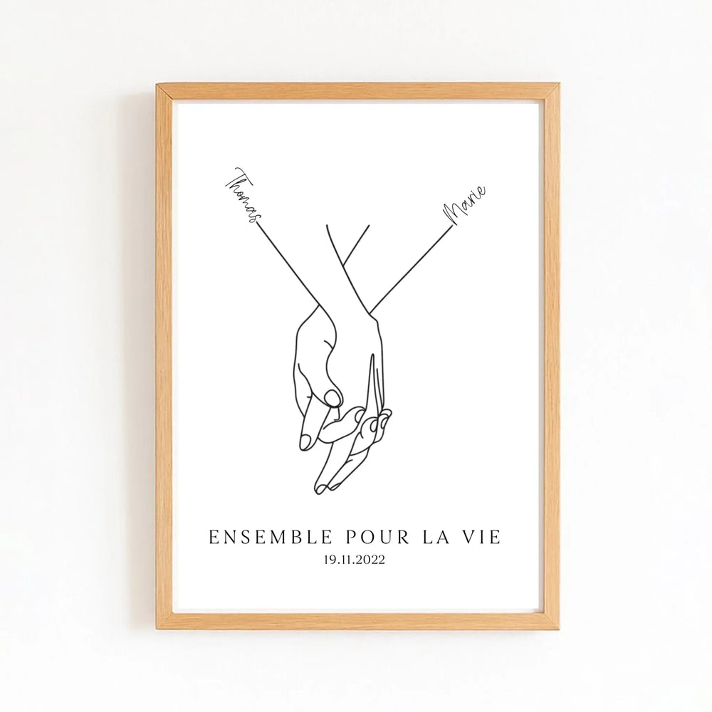 Affiche minimaliste mains couple - Personnalisée Affiche Portrait / Bois Naturel / A4 21x29.7 cm