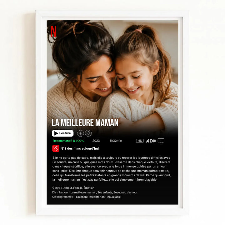 Affiche Netflix cadeau Maman personnalisée Bois Blanc / A4 21x29.7 cm