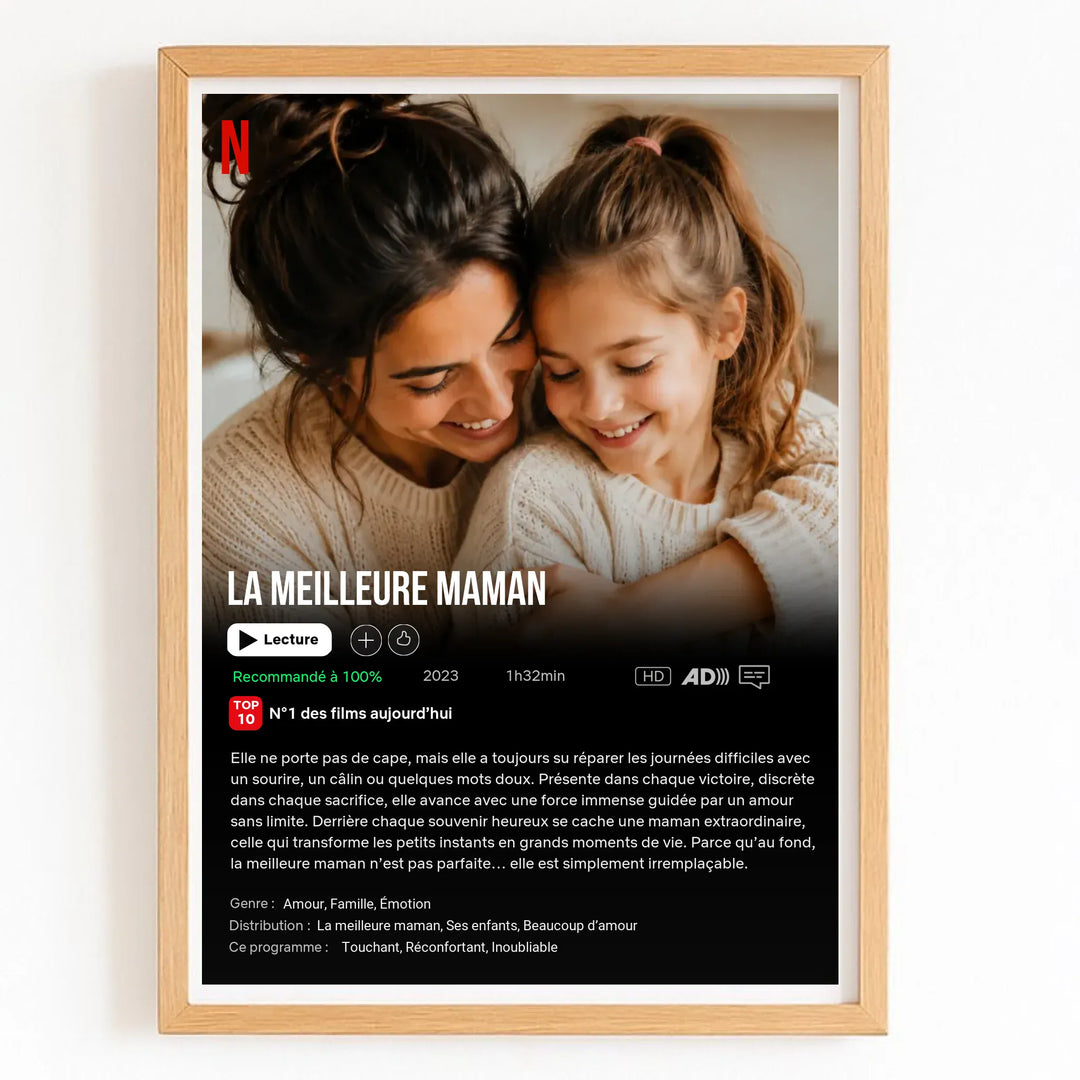 Affiche Netflix cadeau Maman personnalisée Bois Naturel / A4 21x29.7 cm