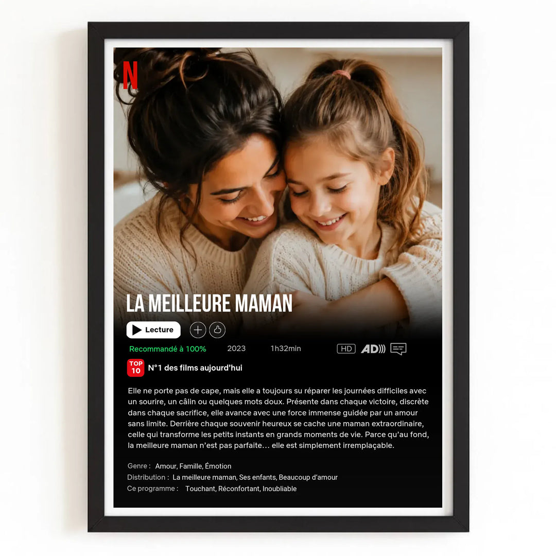 Affiche Netflix cadeau Maman personnalisée Bois Noir / A4 21x29.7 cm
