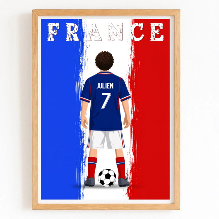 Affiche Personnalisée - Enfant maillot de Foot France Bois Naturel / A4 21x29.7 cm
