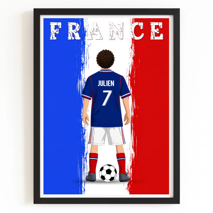 Affiche Personnalisée - Enfant maillot de Foot France Bois Noir / A4 21x29.7 cm