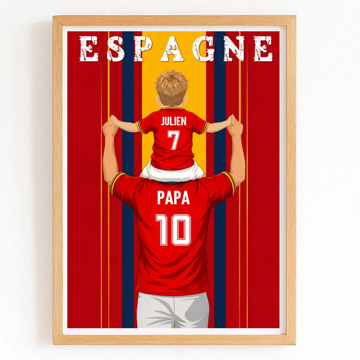 Affiche Personnalisée - Père et fils Maillot d'Espagne Bois Naturel / A4 21x29.7 cm