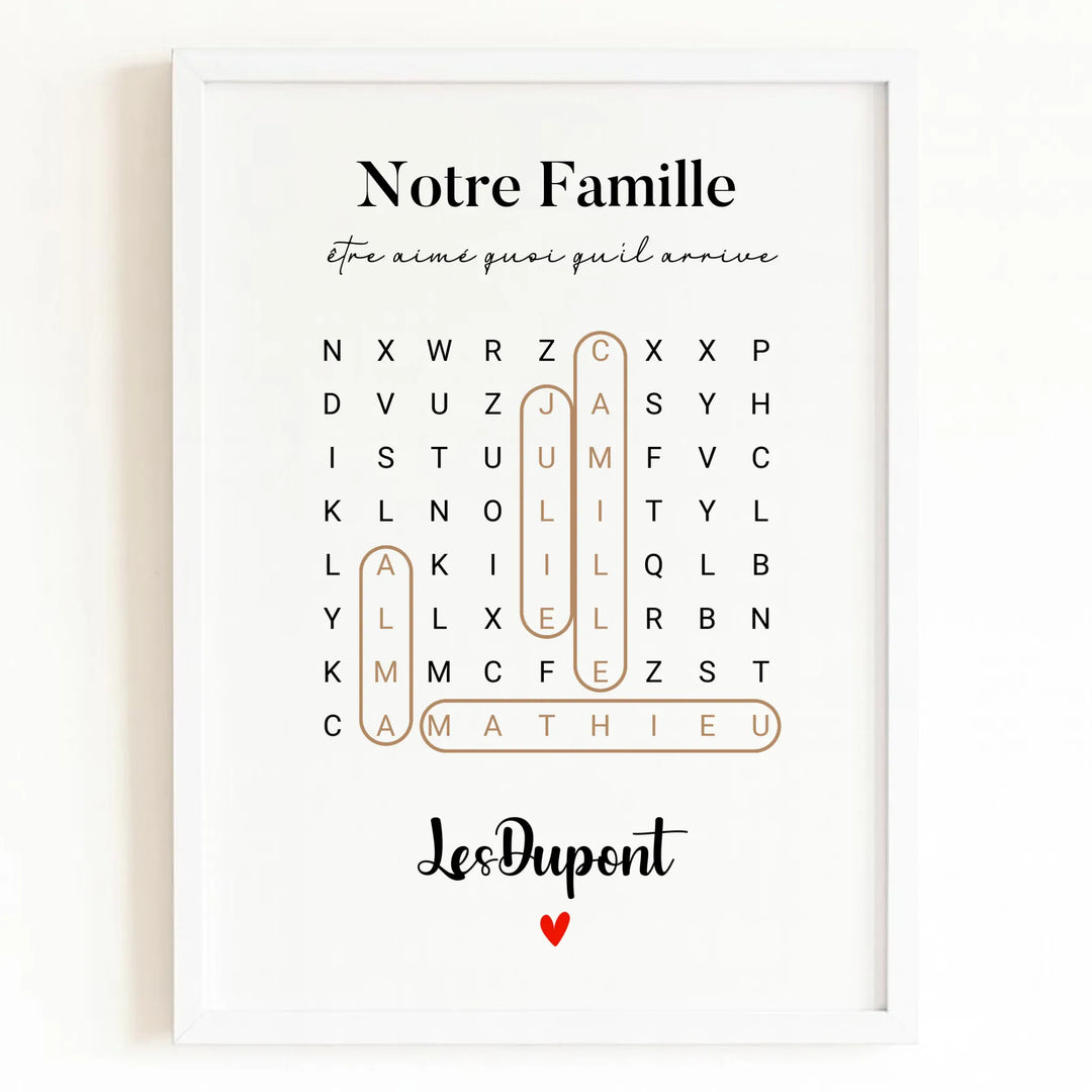 Affiche prénoms famille Affiche Portrait / Bois Blanc / A4 21x29.7 cm