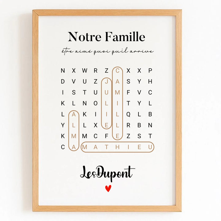 Affiche prénoms famille Affiche Portrait / Bois Naturel / A4 21x29.7 cm