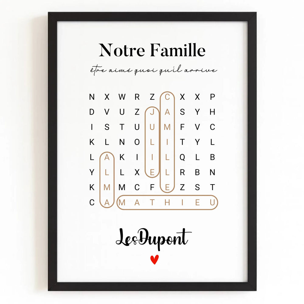 Affiche prénoms famille Affiche Portrait / Bois Noir / A4 21x29.7 cm