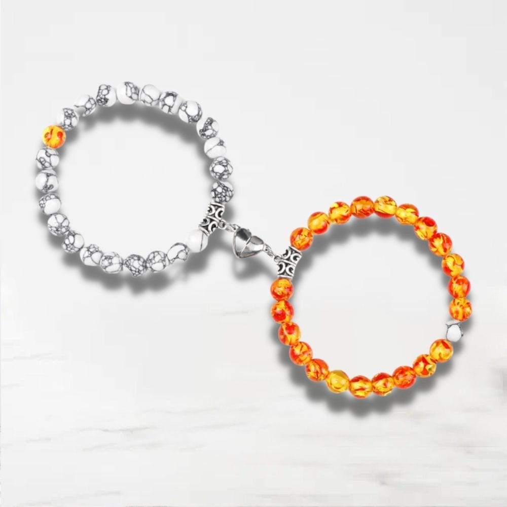 Bracelet Couple Aimanté Coeur Blanc-Orange / Ajustable