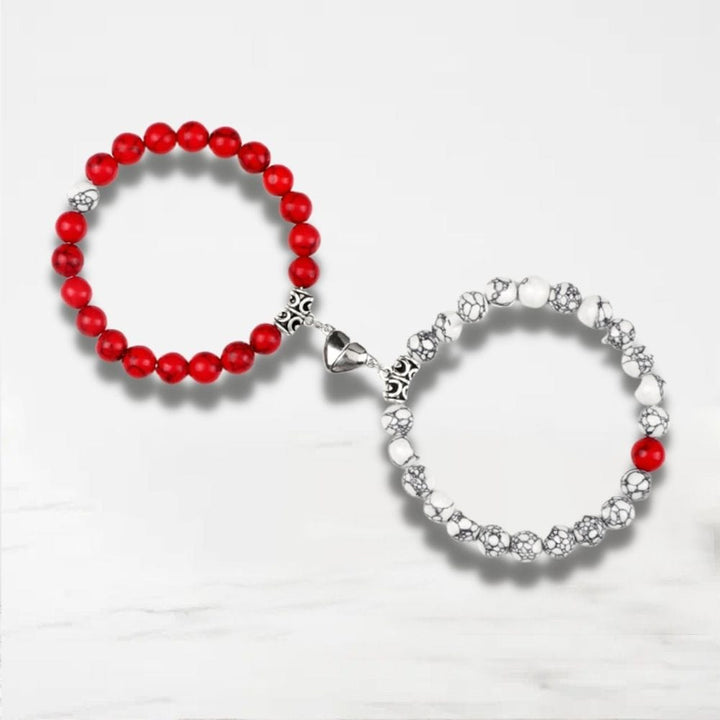 Bracelet Couple Aimanté Coeur Blanc-Rouge / Ajustable