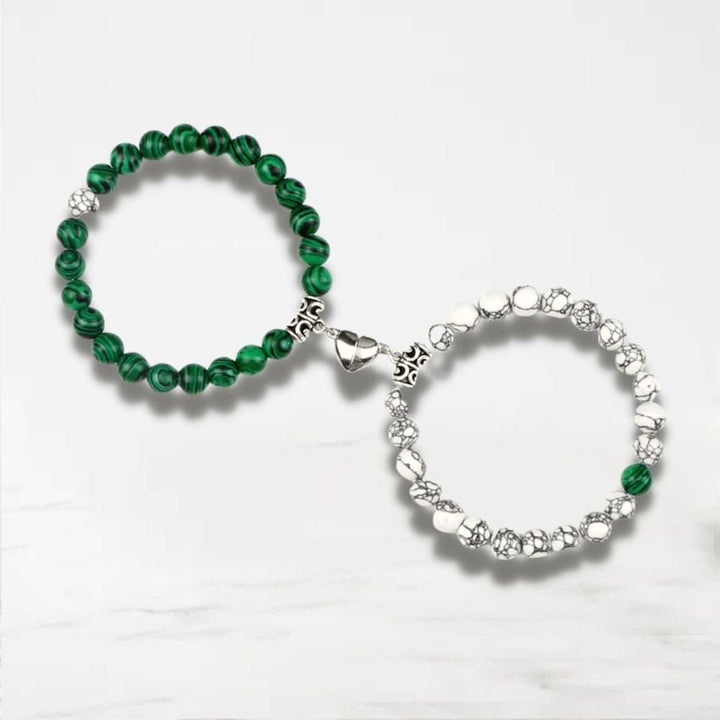Bracelet Couple Aimanté Coeur Blanc-Vert / Ajustable
