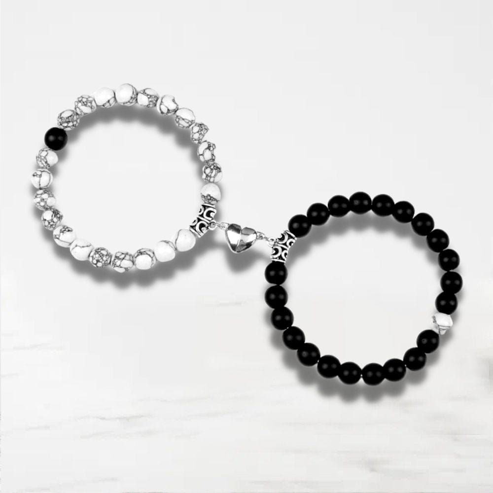 Bracelet Couple Aimanté Coeur Noir-Blanc / Ajustable