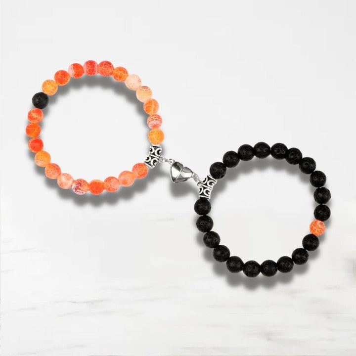 Bracelet Couple Aimanté Coeur Noir-Orange / Ajustable