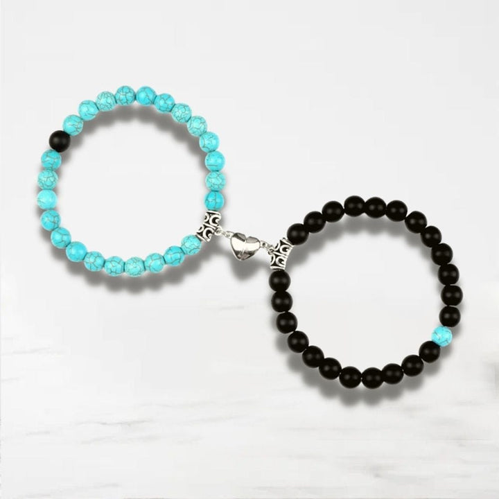 Bracelet Couple Aimanté Coeur Noir-Turquoise / Ajustable