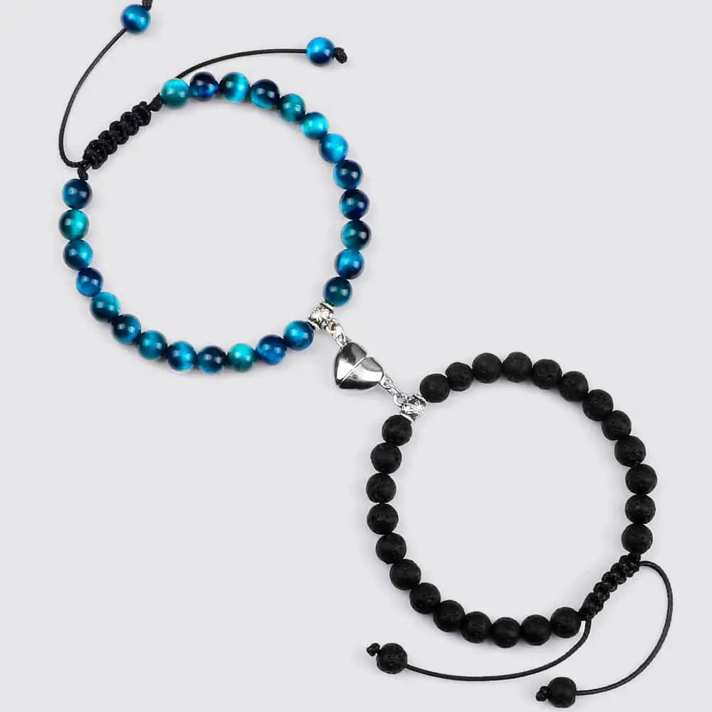 Bracelet Couple Distance Aimanté Lava-Oeil de Tigre / Ajustable