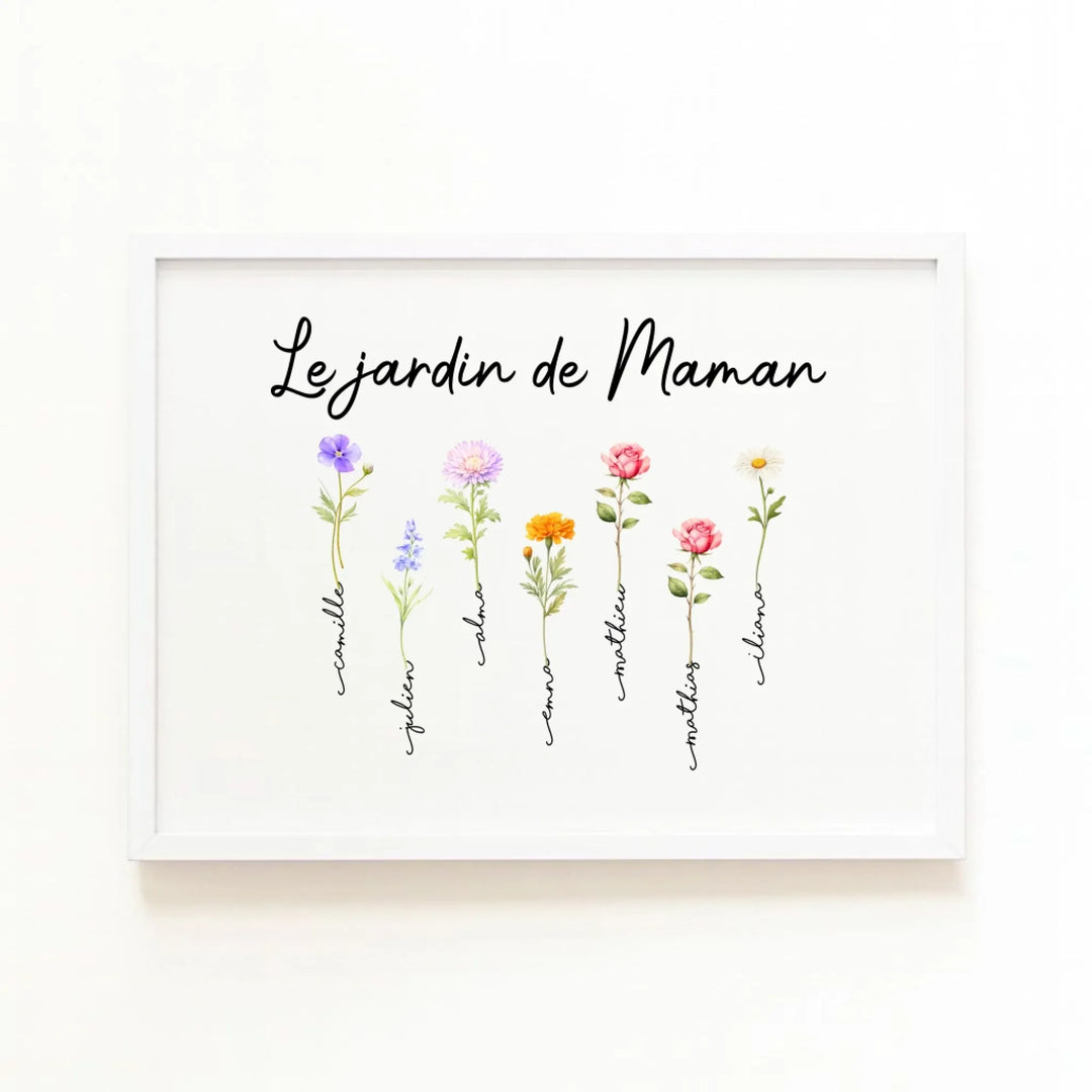 Cadeau fête des mères - Cadre fleurs personnalisé Horizontal / Bois Blanc / A4 21x29.7 cm
