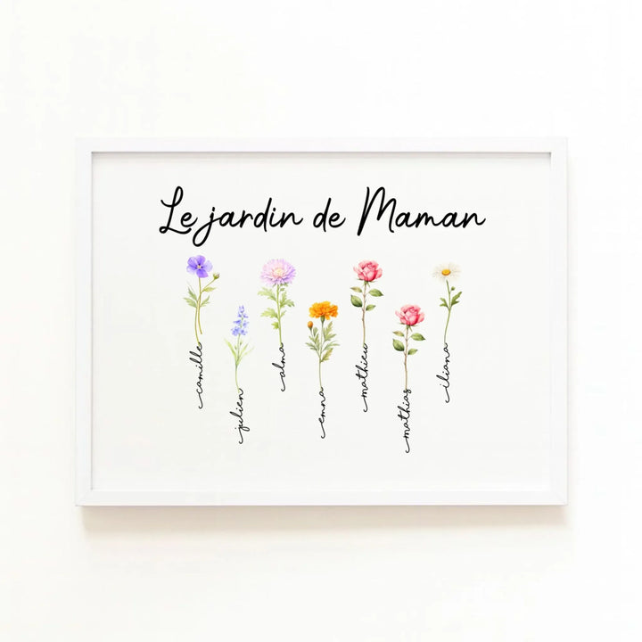Cadeau fête des mères - Cadre fleurs personnalisé Horizontal / Bois Blanc / A4 21x29.7 cm