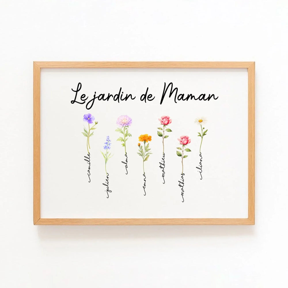 Cadeau fête des mères - Cadre fleurs personnalisé Horizontal / Bois Naturel / A4 21x29.7 cm