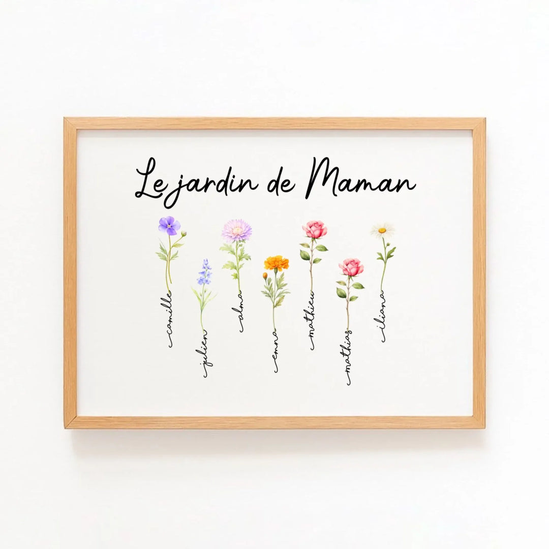 Cadeau fête des mères - Cadre fleurs personnalisé Horizontal / Bois Naturel / A4 21x29.7 cm