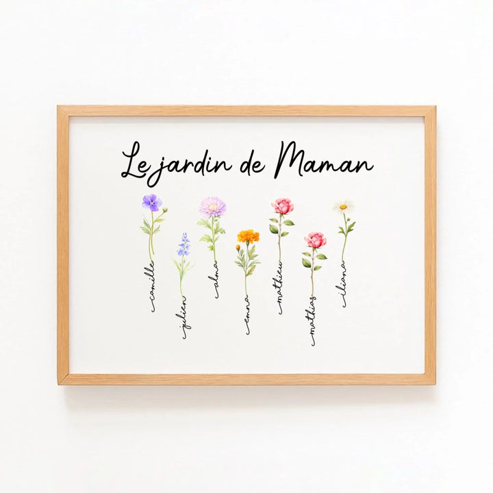 Cadeau fête des mères - Cadre fleurs personnalisé Horizontal / Bois Naturel / A4 21x29.7 cm