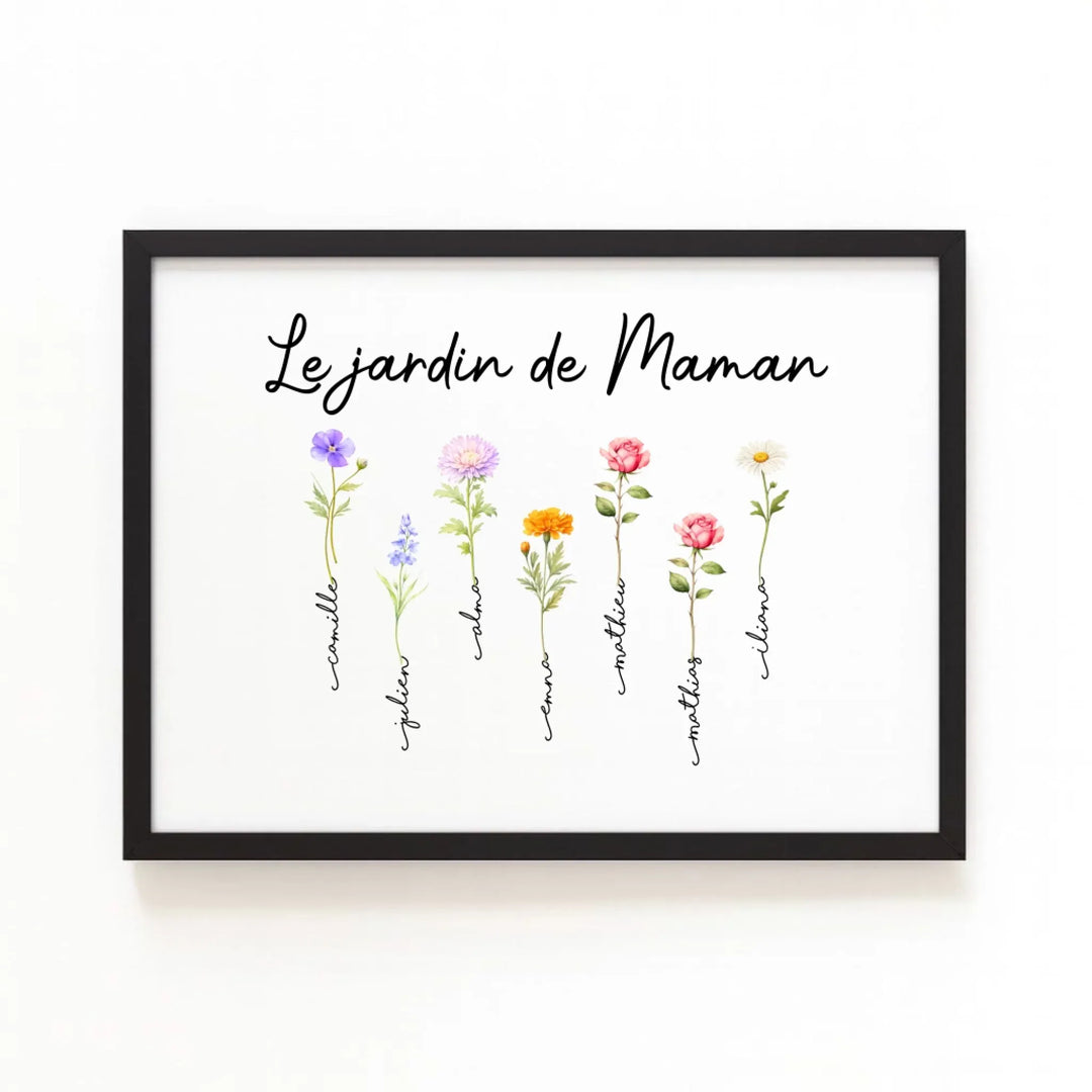 Cadeau fête des mères - Cadre fleurs personnalisé Horizontal / Bois Noir / A4 21x29.7 cm