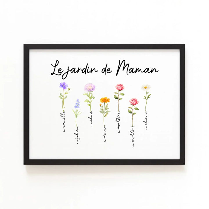 Cadeau fête des mères - Cadre fleurs personnalisé Horizontal / Bois Noir / A4 21x29.7 cm