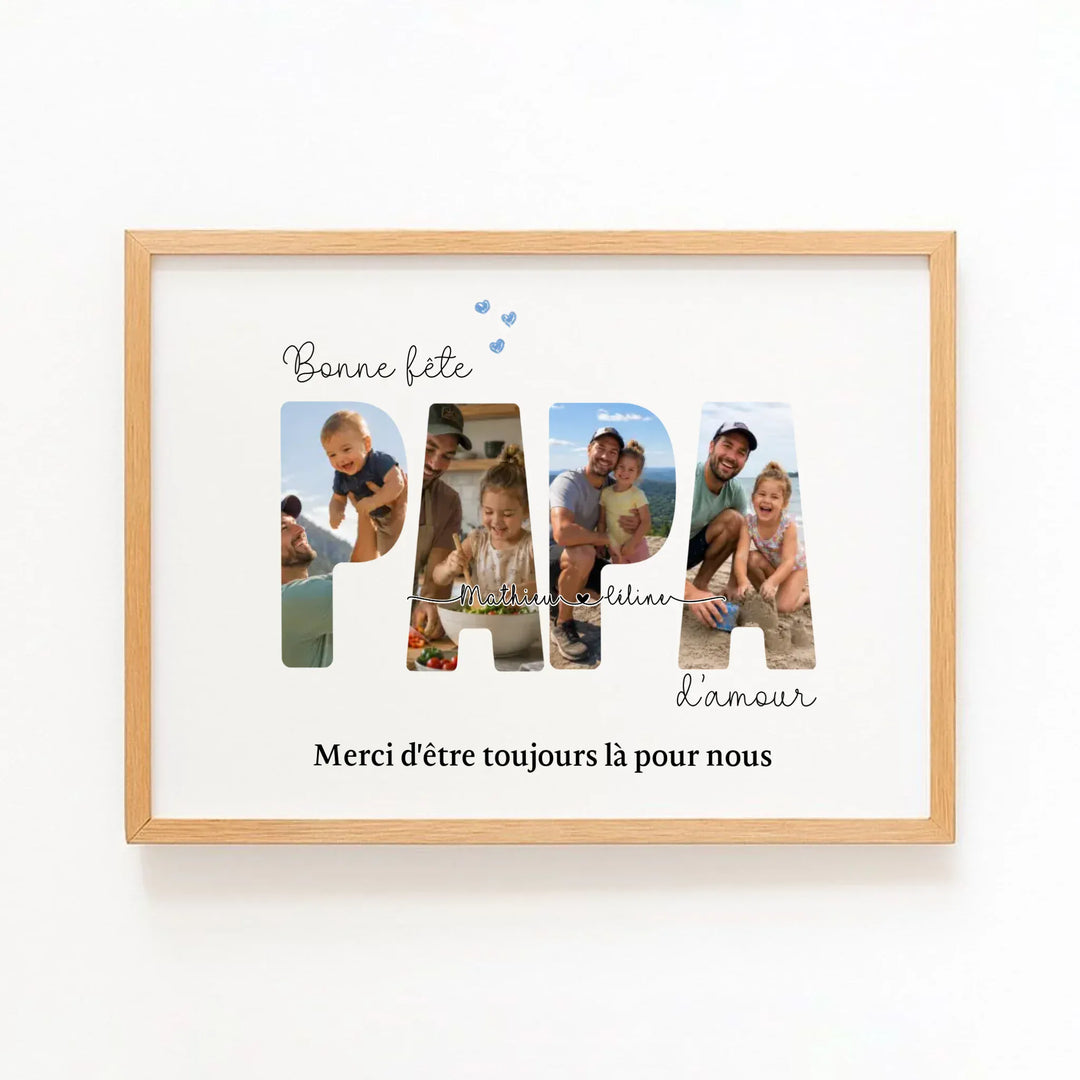 cadeau papa personnalisé photo - Bonne fête Papa d'amour Affiche Paysage / Bois Naturel / A4 21x29.7 cm