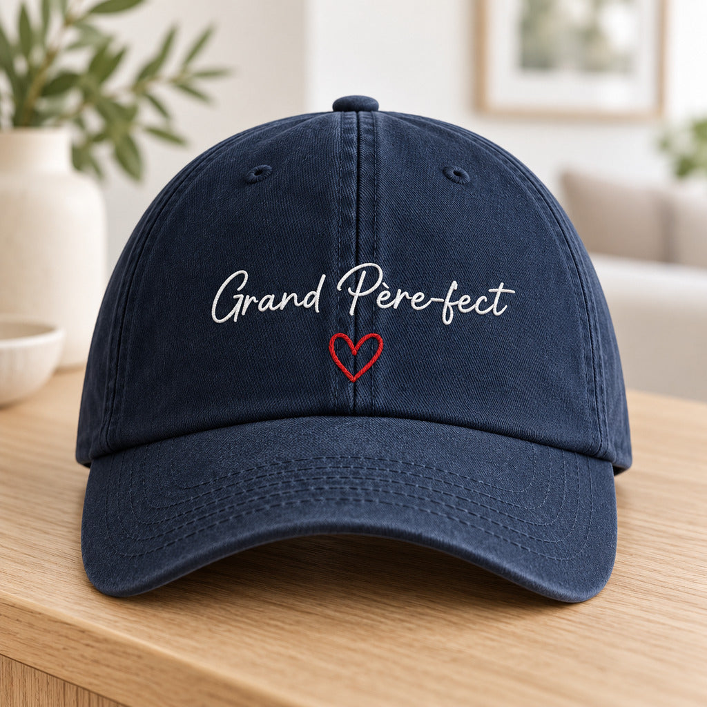 Casquette personnalisée Grand Père-fect marine non portée avec broderie
