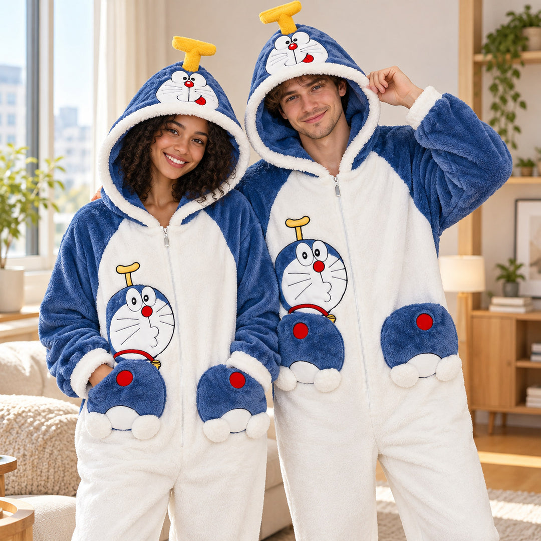 Blau-weißer Plüsch-Partnerjumpsuit an einem Paar, Katzenkapuzen mit Propeller und Pfotentaschen