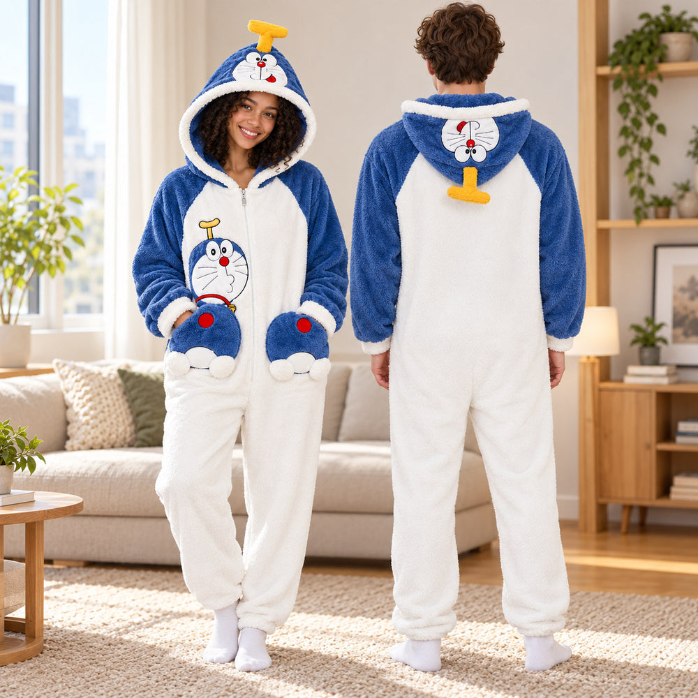Partnerjumpsuit vorn an einer Frau und von hinten an einem Mann, mit blauer Katzenkapuze