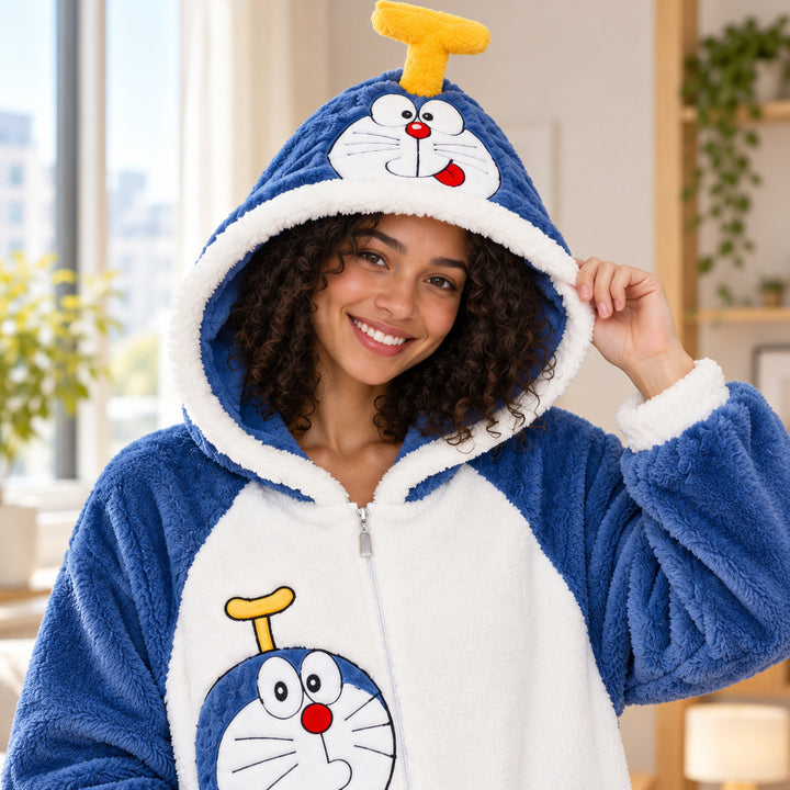 Plan poitrine de la combinaison pilou pilou couple portée par une femme, capuche chat et motif sur le buste