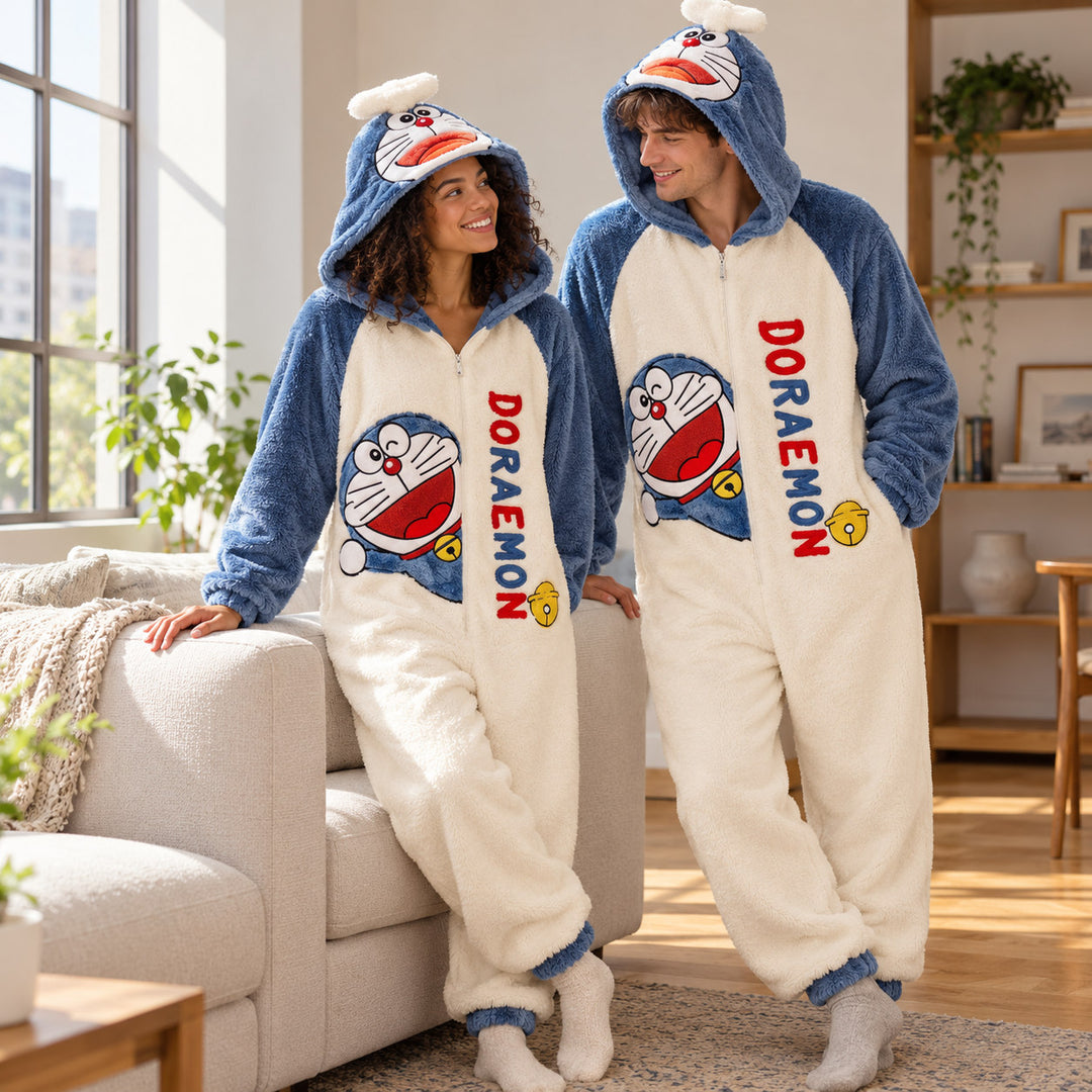 Paar im blau-weißen Pyjama-Einteiler in einem hellen Wohnzimmer